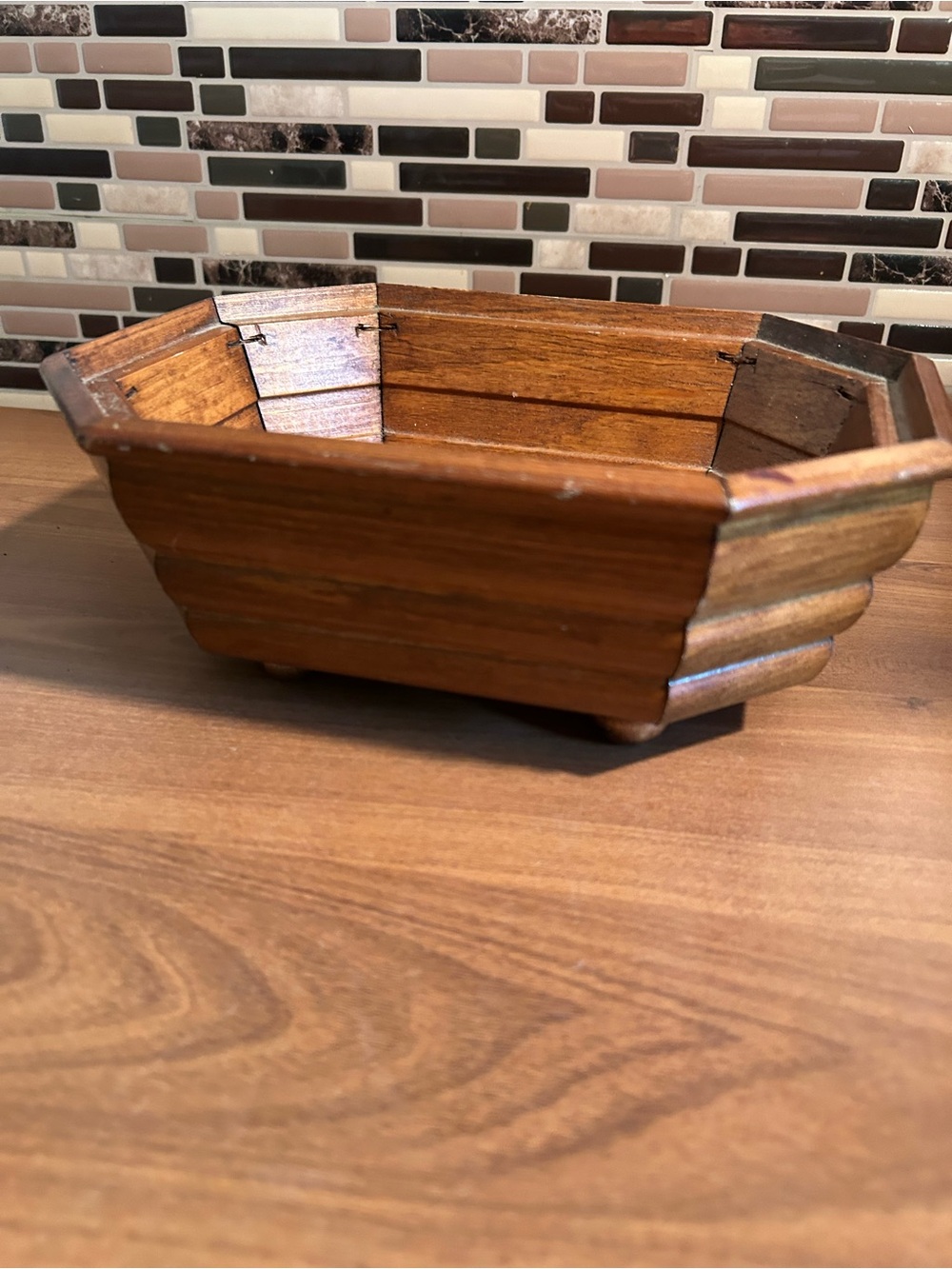 Vintage Wooden Hexagonal Decorative Bowl - Warm Brown